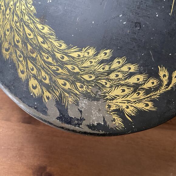 Vintage 1920-30s Round Tindeco Metal Tin Gold Peacock on Black 6” - Picture 7 of 14